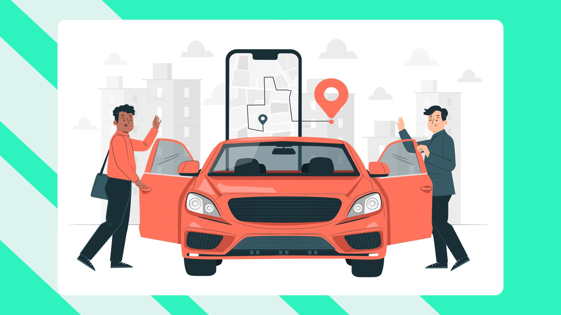 An uber driver getting into a car with their passenger, with a mobile phone showing directions in the background